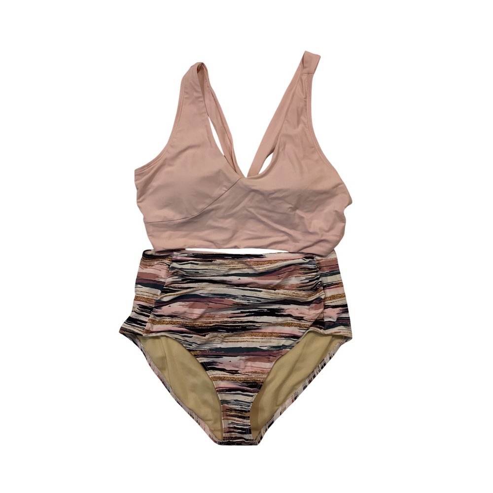 Pink‎ Cove Womens High Waisted Bikini Set Pink Abstract Gold Glitter Two Piece L